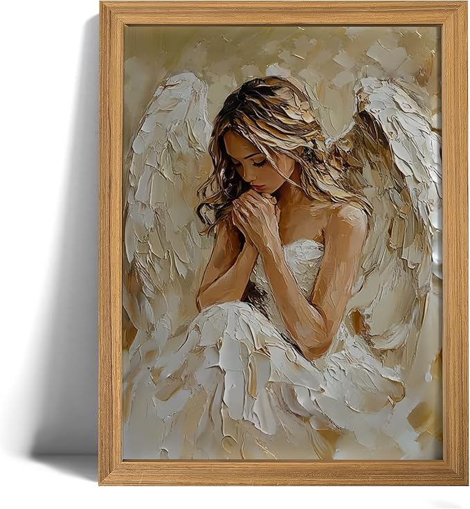 Praying Angel Wall Art – Spiritual Canvas Print, White Winged Angel Oil Painting Style Christian Religious Picture poster，Spiritual White & Gold Wall Decor for Bedroom, Prayer Room, Christian Gift, Wood Frame 16x24in