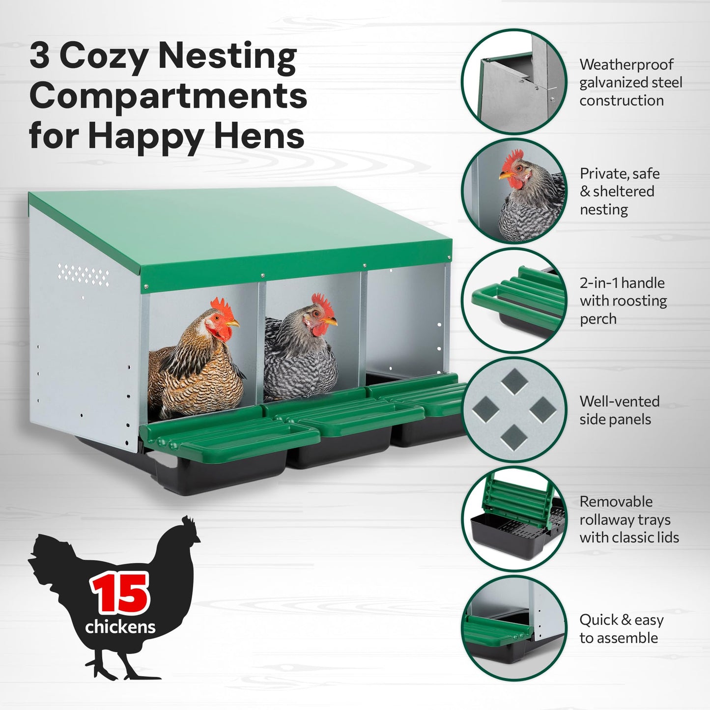 Homestead Essentials Classic Style 3 Compartment, Forward Rollout & Rollaway, Hen & Chicken Nesting Box with Integrated Perch and Protective Egg Laying Collection Lids