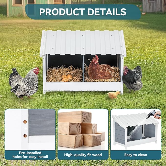PETSFIT 2 Holes Chicken Nesting Box-All Weather PVC Roof, Natural Wood Design with Privacy Back Panel for Hens-Wall Mounted or Floor Use in Coops, Farms, Backyards,Easy to Assemble and Clean