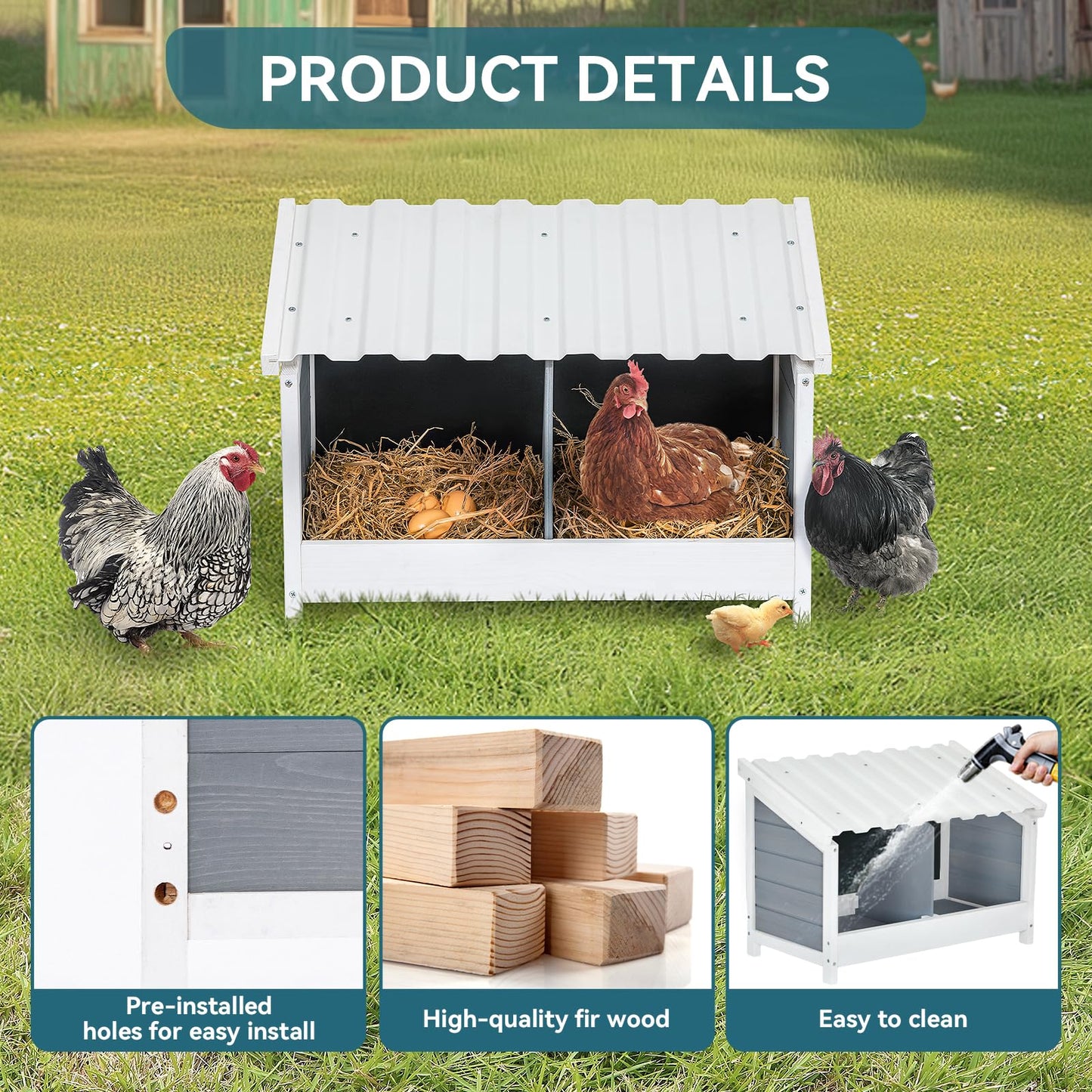 PETSFIT 2 Holes Chicken Nesting Box-All Weather PVC Roof, Natural Wood Design with Privacy Back Panel for Hens-Wall Mounted or Floor Use in Coops, Farms, Backyards,Easy to Assemble and Clean