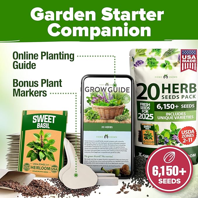HOME GROWN Premium HERB Seeds Variety Pack - 20 Heirloom Herb Seeds for Planting - 6,000+ Non-GMO Seeds with Plant Markers - Indoor Outdoor Hydroponic Herb Garden - Culinary & Medicinal Herbs