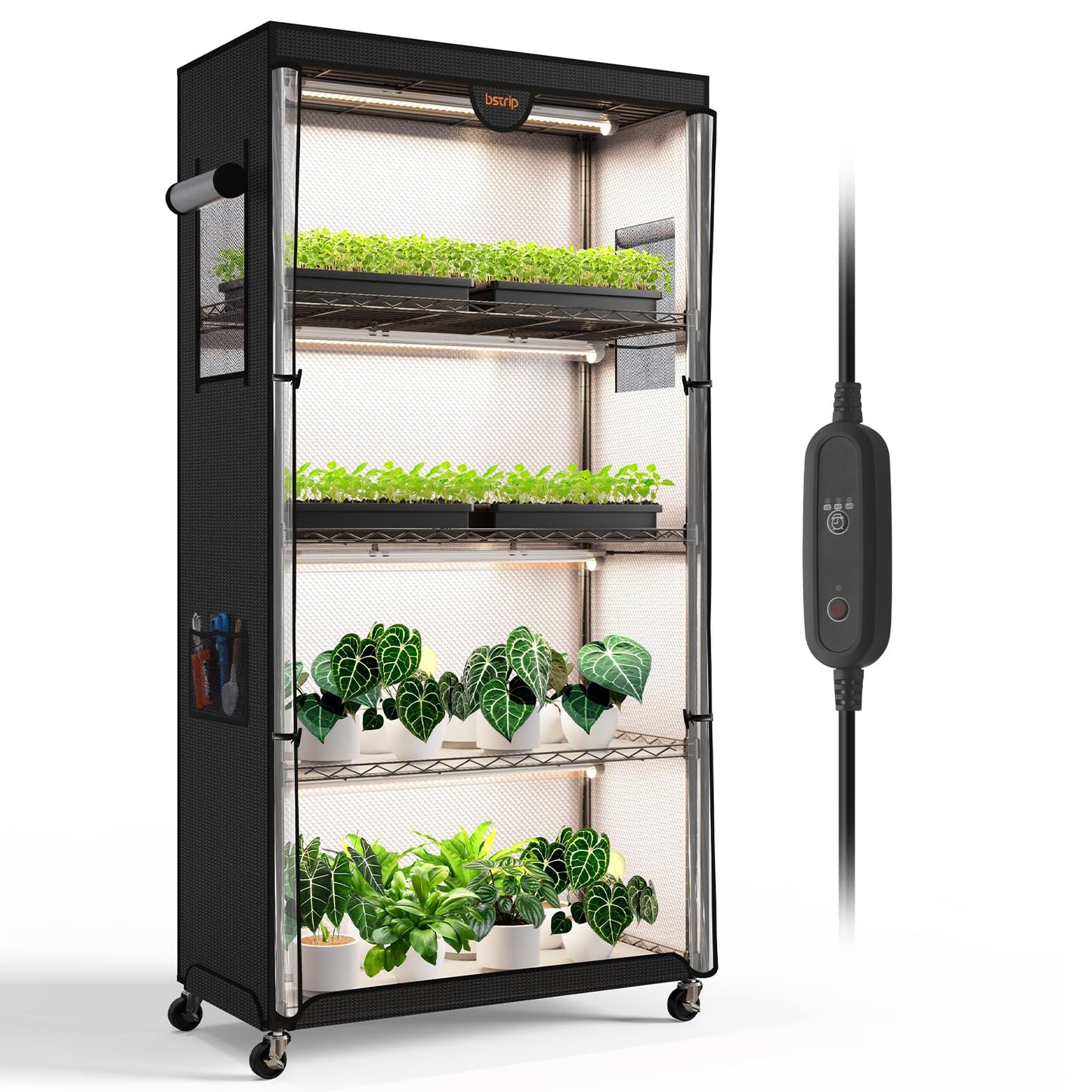 Bstrip Indoor Greenhouse with Grow Light, Plant Stand with 4 Pack 24W Full Spectrum Plant Lights , Plant Shelf with Tent for Indoor Plant, Seed Starting, Seed Tray, 29.5"x13.8"x59"