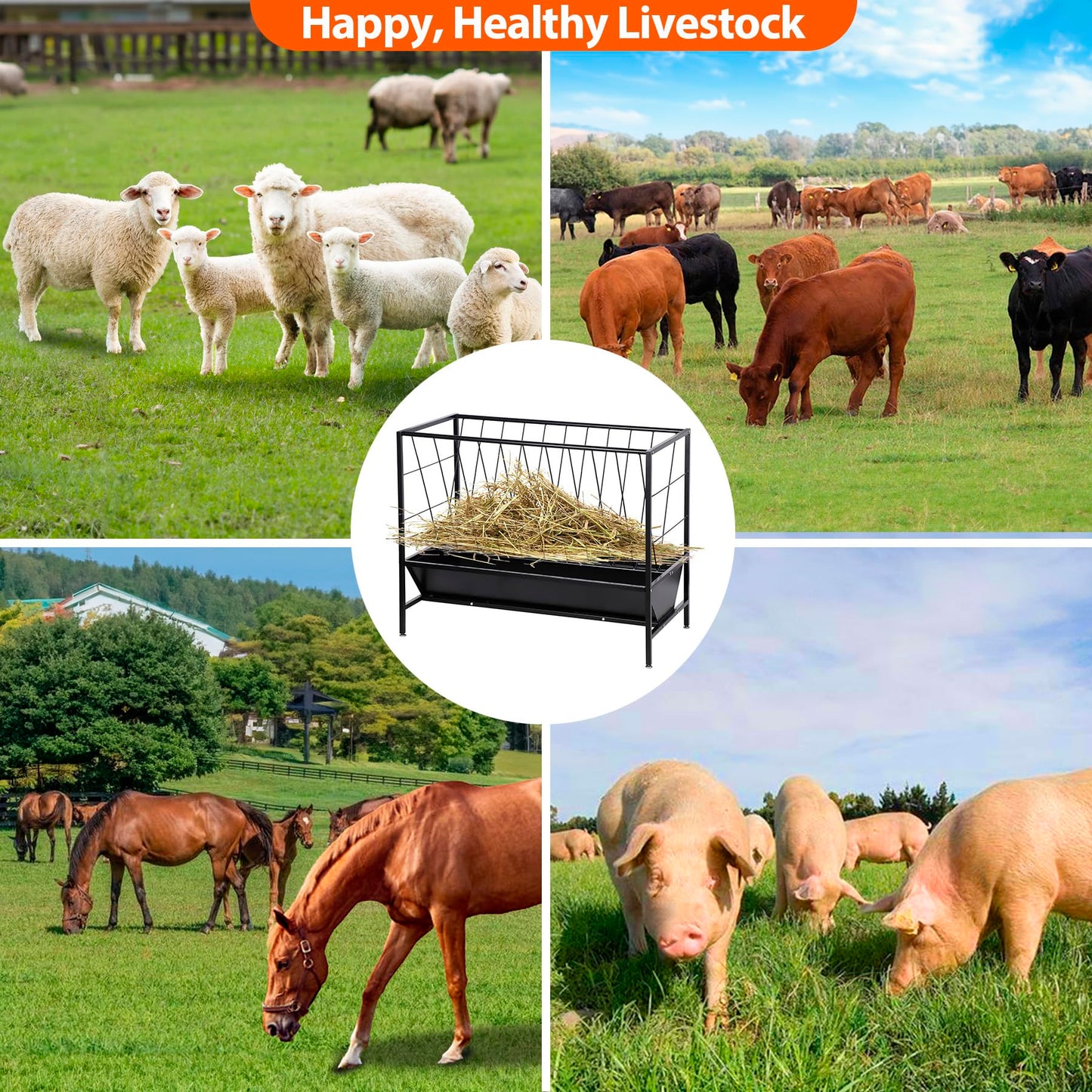 Oxphanor Pasture Hay Feeder 45 Gallon, Heavy-Duty Hay Grain Livestock Feeder with 24 Gallon Feed Pan, Livestock Feeding Trough Quick to Assemble, Feeding Goats, Calves, Cow, Horse for Farms