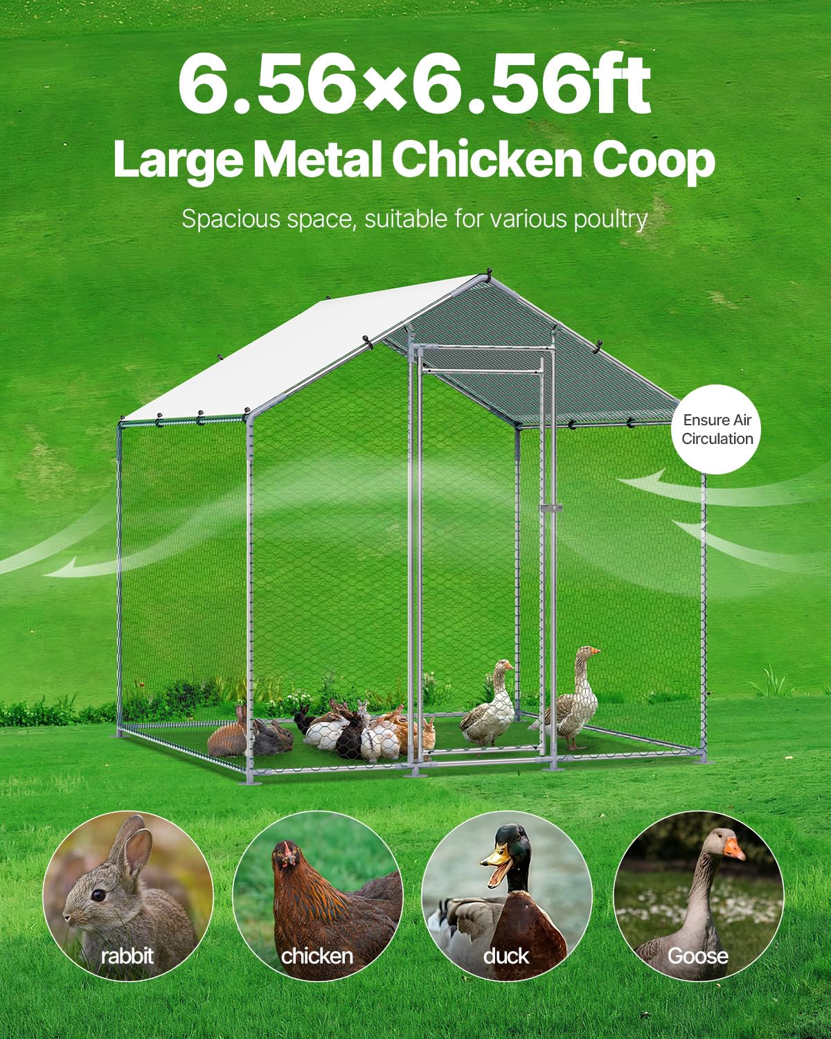 VEVOR Metal Chicken Coop, 6.56x6.56x6.56ft Walk in Chicken Runs for Yards with Cover, Spire Roof Hen House Enclosure with Security Lock, Outdoor Duck Rabbit Poultry Cage Pen for Backyard, Farm, Yard