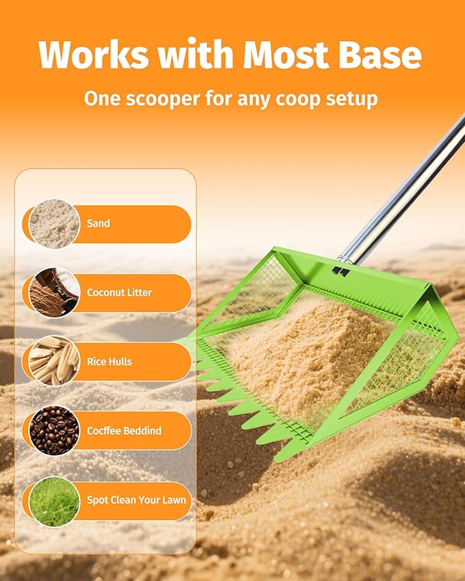 Chicken Poop Scooper & Rake - 2-in-1 Metal Chicken Coop Scoop for Sand with 22 to 62" Adjustable Handle, Litter Sifting Shovel Cleaning Tools for Chicken Run, Animal Farm, Duck Coop, Green