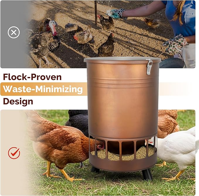 Solution4Patio 50LB No-Waste Chicken Feeder, Large Capacity Gravity Dispenser with Spill Control & 16 Feeding Ports Poultry Feeder for Outdoors & Hen Coop (Brown)