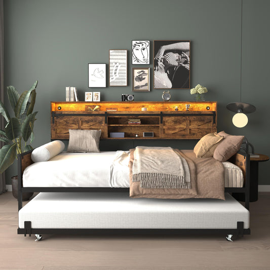 KEIKI Twin Daybed with Trundle, Farmhouse Daybed Frame with Sliding Barn Door Headboard, Charging Station & LED Lights, Convertible to 2 Twin Beds or Sofa Bed, Rustic Brown