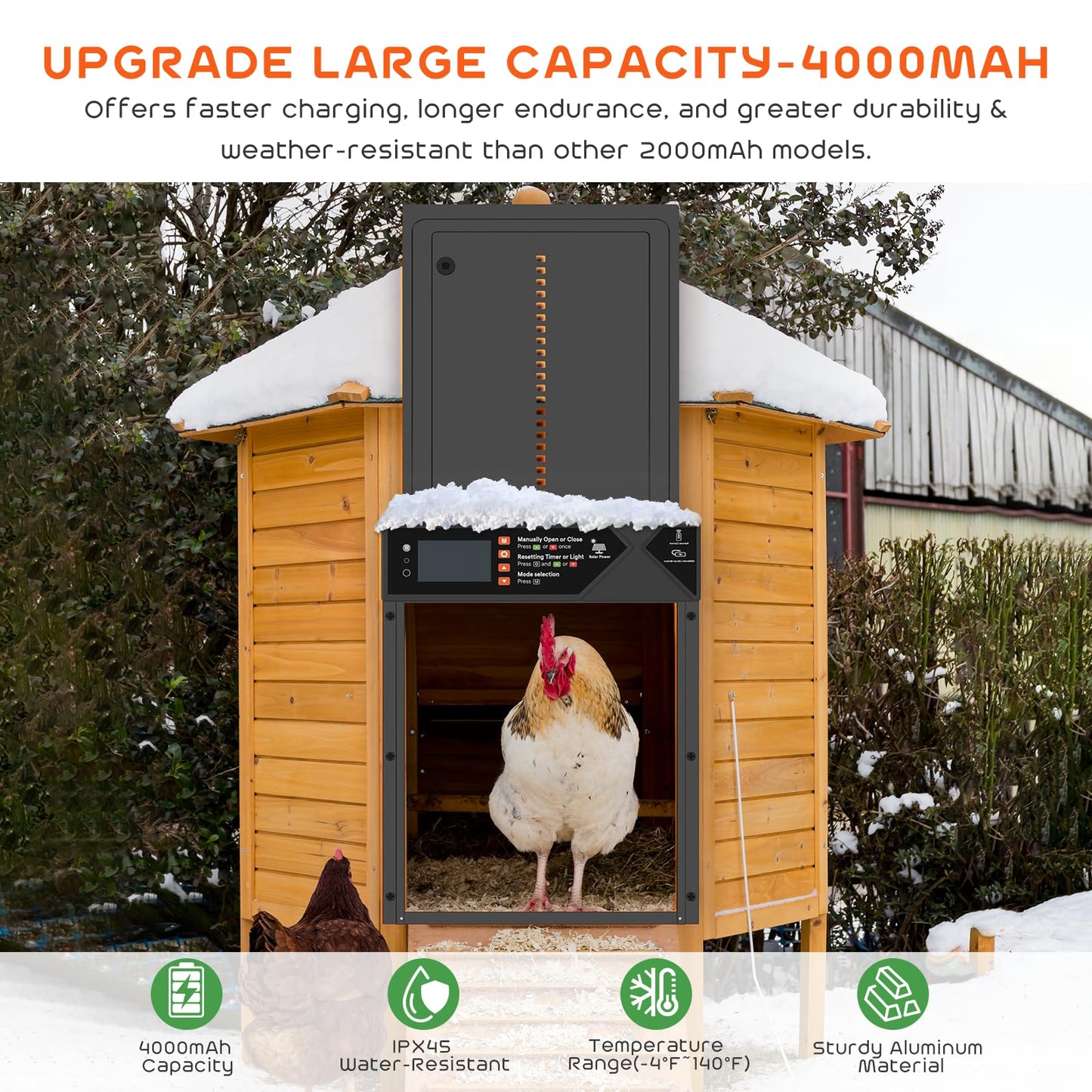 Large Automatic Chicken Coop Door, 4000mAh High Capacity Chicken Coop Door 7W Solar Powered with Timer & Light Sensor, Anti-Pinch Auto-Aluminum Chicken Door with Wire Clip & Remote Control-Black