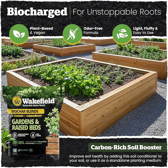 Wakefield Biochar Blend with CarbonBoost™ Technology – Enhanced Water & Nutrient Retention for Raised Bed Garden Soil - Ultimate Organic Potting Soil Mix for Vegetables, Gardens and Houseplants - 4qt