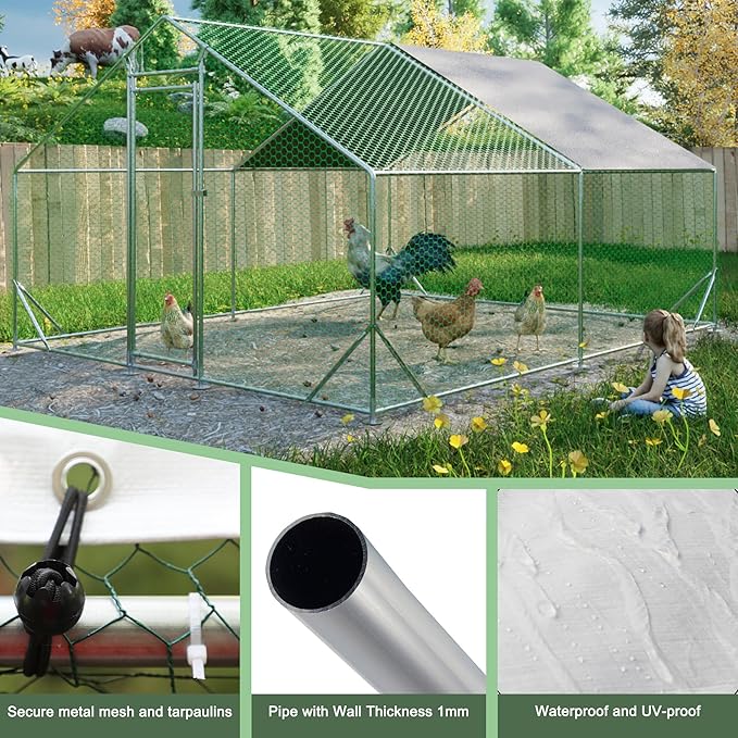 Large Chicken Coop,Metal Chicken Run for Yard with Door,Outdoor Galvanized Wire Poultry Chicken House with Waterproof and Anti-UV Cover,Duck Rabbit Cage (10' L x 13 W x 6.56' H)