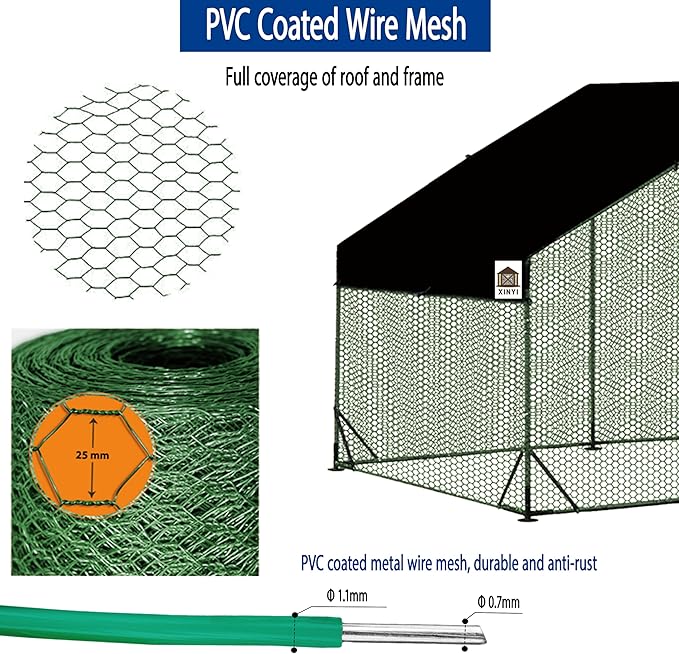 Chicken Coop Large Metal Chicken Run, Upgraded Anti-UV 180g/㎡ PE Cloth & 1.1mm Thickened PVC-Coated Hexagonal Chicken Wire Mesh & More Galvanized Steel Standpipes, Walk-in Chicken coop, 6.6×9.8×6.4FT