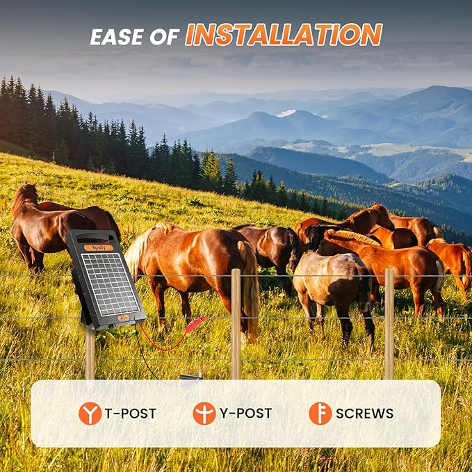 24 Hour Solar Electric Fence Charger, 10 Miles, Up to 10200v Output Range Electric Fence Charger, 0.18J Portable Energizer with Rechargeable Solar Panel for Livestock & Predator Protection
