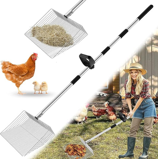 16-inch Large Chicken Poop Scooper with Ergonomic Grip, 4 in 1 Adjustable Chicken Coop Litter Scoop (31 to 77"), Multifunctional Litter Sifting Shovel Scoop- for Chicken Coop/Goat Stall/Stable