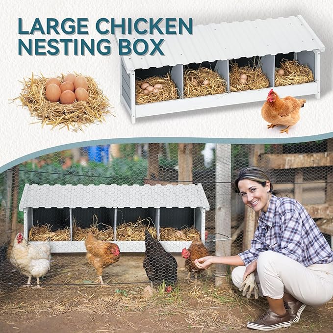 PETSFIT 4 Holes Chicken Nesting Box-All Weather PVC Roof, Natural Wood Design with Privacy Back Panel for Hens-Wall Mounted or Floor Use in Coops, Farms, Backyards,Easy to Assemble