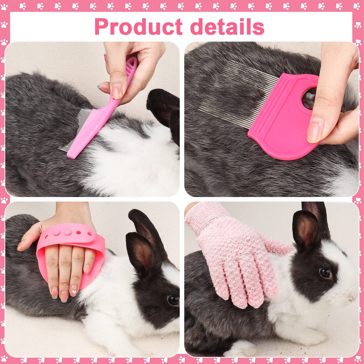 VCZONE Pink Small Animal Grooming Kit with Nail Clipper, Flea Comb, Shampoo Brush, Slicker Brush, Massage Glove for Rabbits