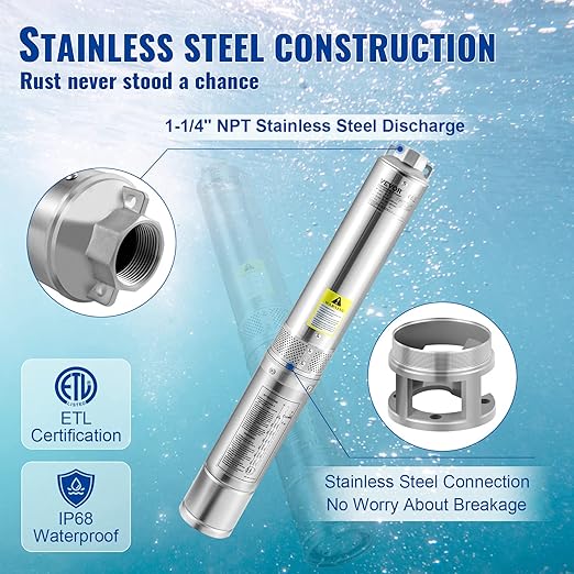 VEVOR Deep Well Submersible Pump, 1.5HP 230V/60Hz, 37gpm 276ft Head, with 33ft Electric Cord, 4" Stainless Steel Water Pumps for Industrial, Irrigation and Home Use, IP68 Waterproof Grade