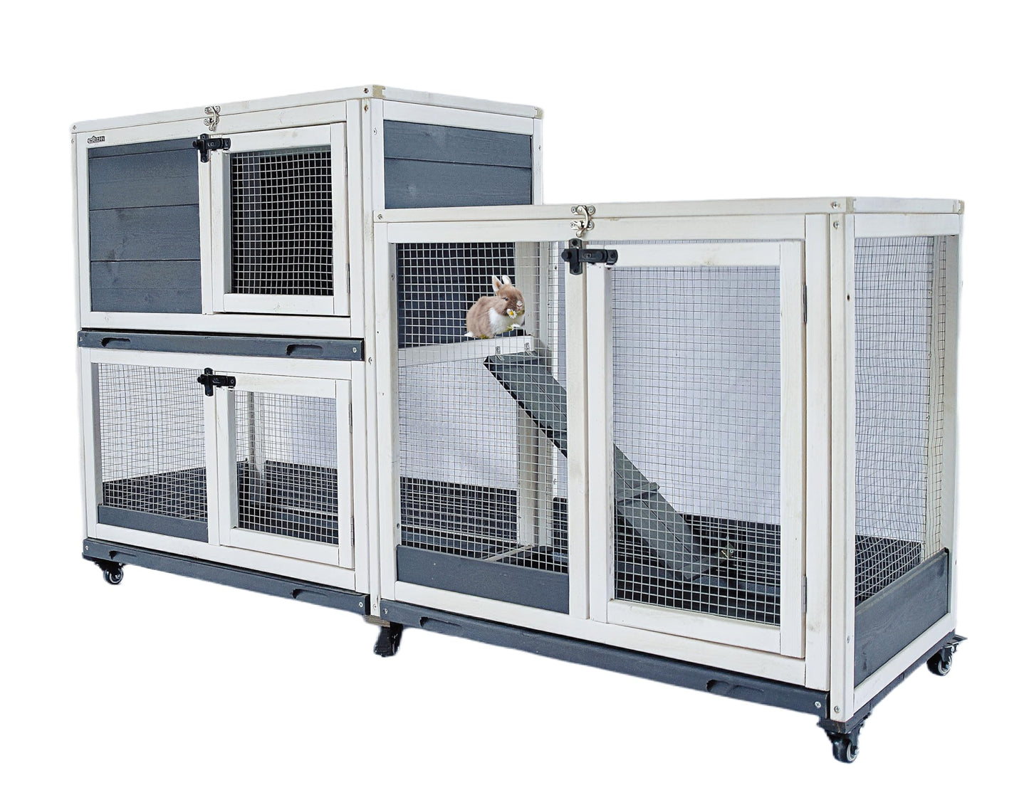 CHURRZZ Indoor and Outdoor Wooden Rabbit Cage, 2-Story, with Wheels, Ramp, 2 Pull-Out Trays, Open Sun Panel Roof, for Rabbits, Guinea Pigs