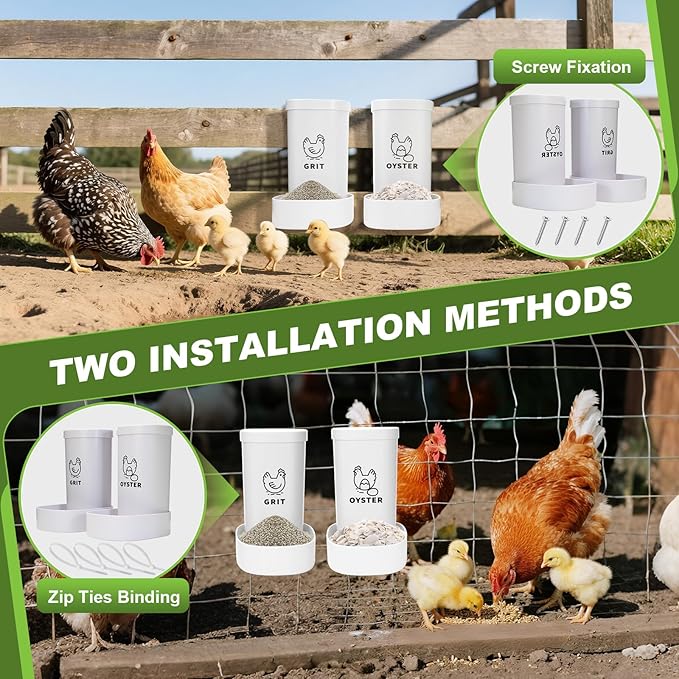 2 Pack Chicken Oyster Shell Feeder and Grit Feeder, Automatic Hanging Chicken Feeder and Chicken Coop Accessories Improve Eggshell Quality and Hen Health