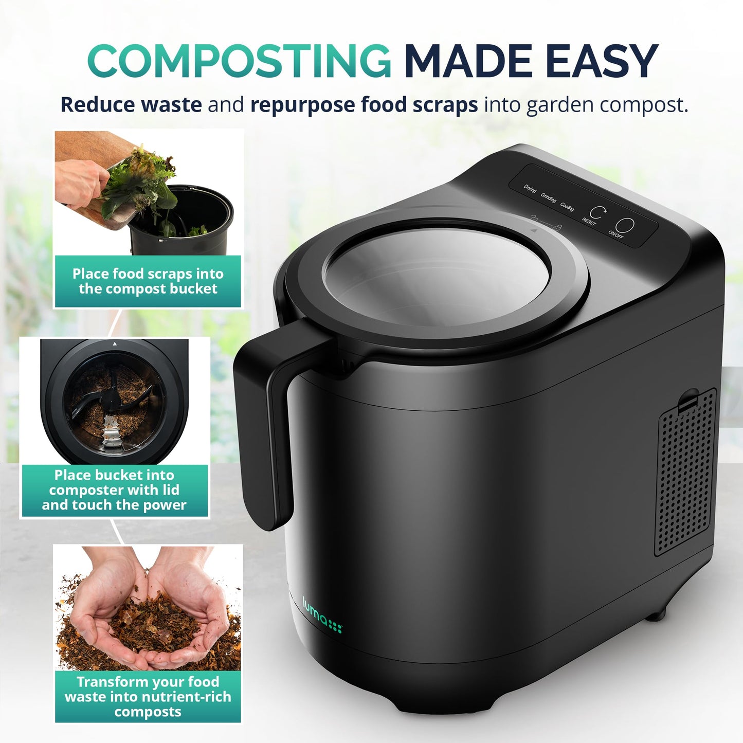 Luma Electric Kitchen Composter, 2.5L Capacity Odorless Countertop Compost Bin with Lid Clear-View Window, Smart Trash Can for Food Disposal, Turn Food Waste into Nutrient-Rich Plant Food
