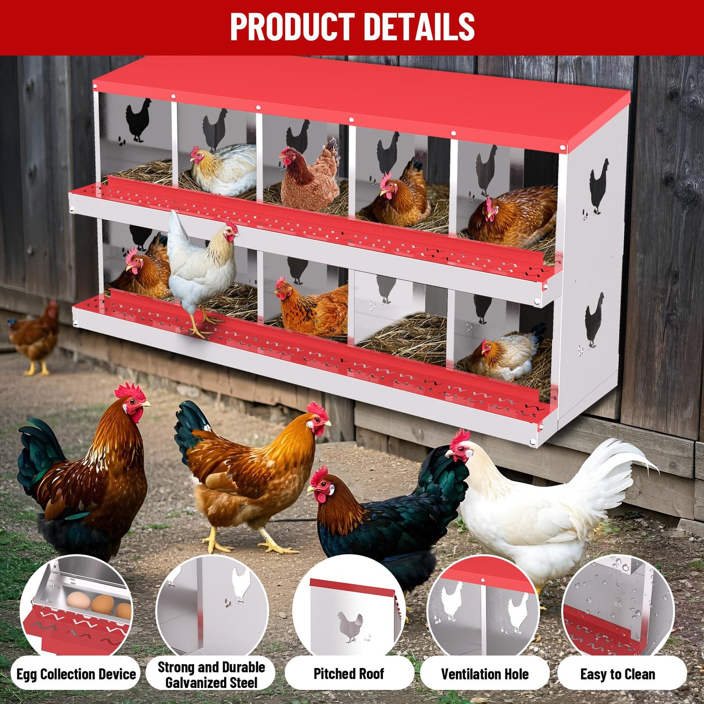 GarveeLife Nesting Boxes for Chickens, 10 Compartment Chicken Nesting Box, Metal Chicken Laying Boxes with Perch, Secure Lid, Versatile Wall Mount or Free Standing for Hens, Red