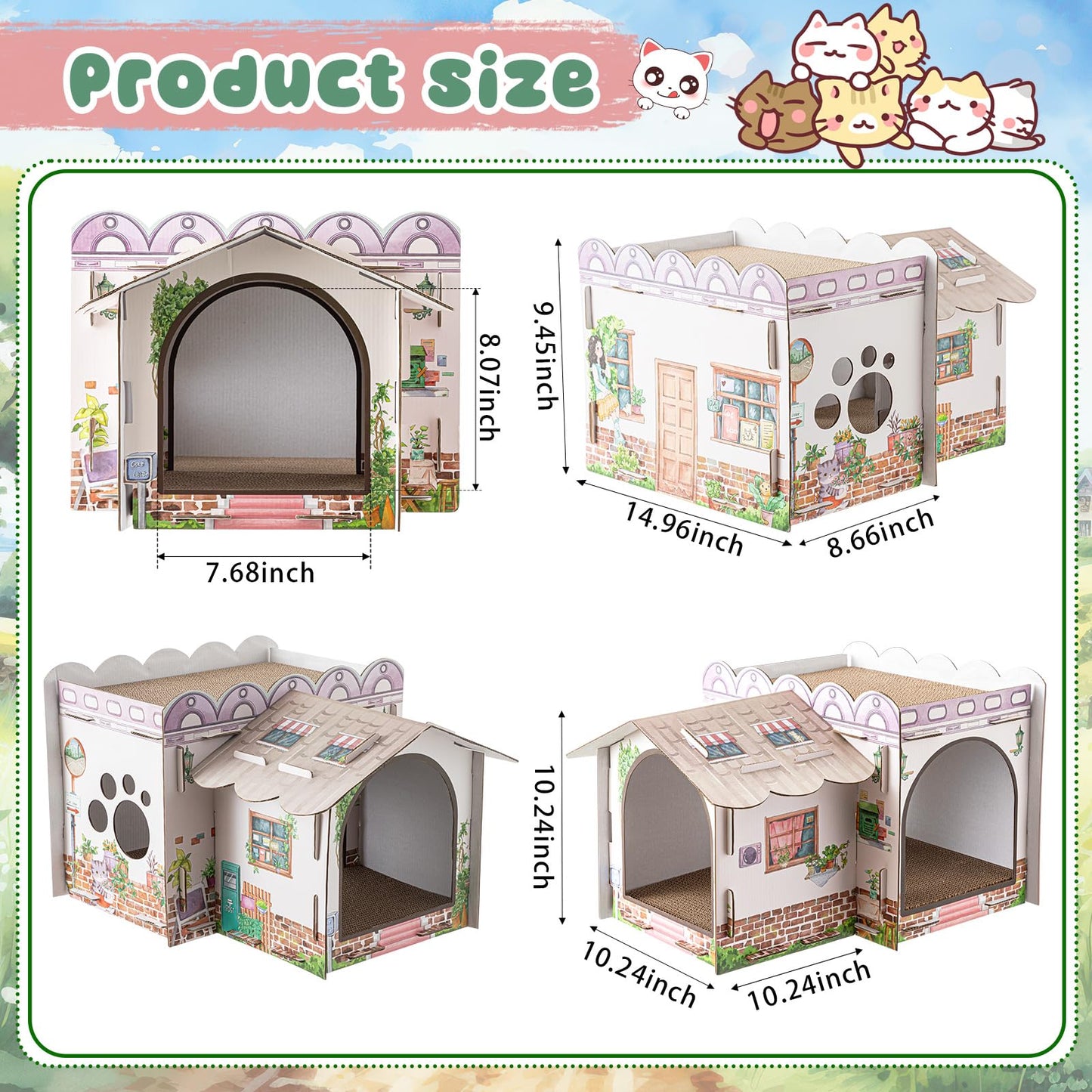 Lineshading Multi Level Cardboard Cat House with 3 Scratchers Large Sturdy Country House Themed Cat Villa 17"x12"x10" Cute Pet Condo Beds Toys Hideout for Bunny Small Animals Birthday Party