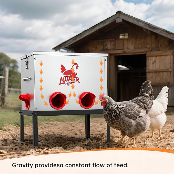 LUIHER Chicken Feeder - 40lb 6 Ports Large Capacity Galvanized Metal Poultry Feeder with Legs and Lids - Reduces Refilling Frequency - No Waste Chicken Feeding Equipment for Hen Coop