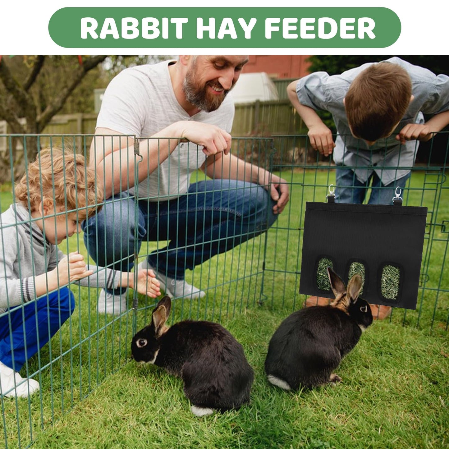 LDXDRU 4Pcs Rabbit Hay Feeder Bag, 3 Hole Hay Bag for Rabbits, Guinea Pig Hay Feeder, Small Animal Hanging Hay Bag for Rabbits Bunny Chinchillas Hamsters and Other Small Pets (Black)
