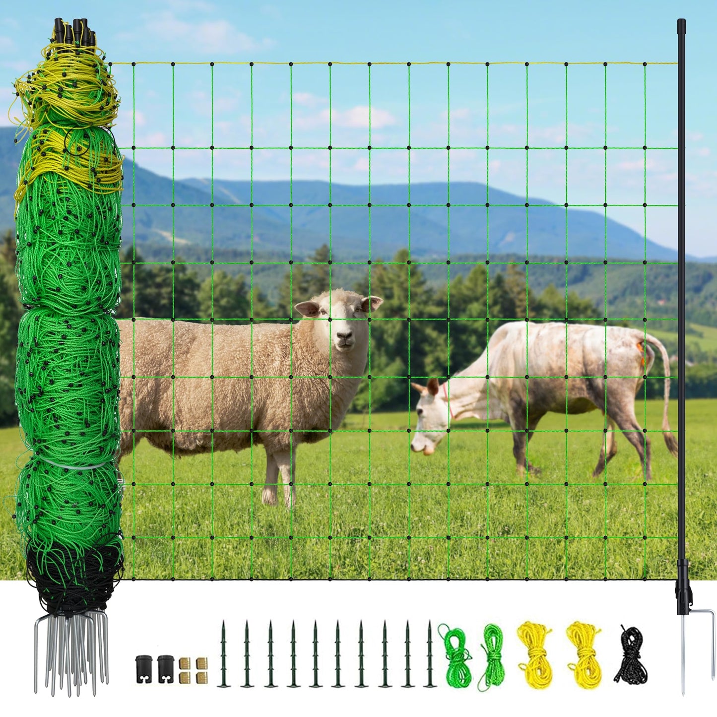 BEIYI Electric Fence Netting, 164'L x 42.5" H Electric Fence Kit for Livestock, Goat, 14 Posts Double Spiked Portable Electric Poultry Farm Fence