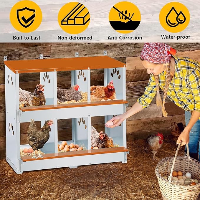 6 Compartment Chicken Nesting Box, Metal Nesting Boxes for Chicken, Indoor & Outdoor Use, Wall Mountable Laying Boxes for Hens, 31.9" L x 13" W x 25" H, Orange