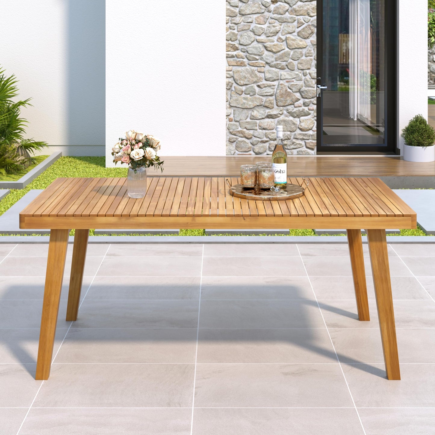 Christopher Knight Home Hobson Acacia Wood Outdoor Dining Table for 6, Wooden Patio Farmhouse Dining Table, Rectangle Slatted Top for Outdoor Gatherings, Natural Finish