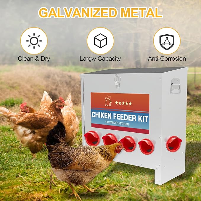 Automatic Chicken Feeder 6 Ports 85 Pounds Large Gravity Fed Chicken Feeder with Latch & Handle for Chickens, Geese, Ducks, Turkeys, Quails, Weatherproof