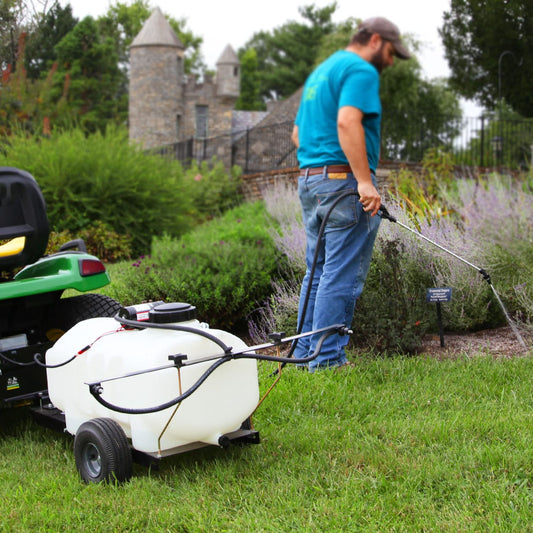 Brinly ST-251BH-A Self-Storing Tow Behind Lawn and Garden Sprayer with Collapsible Boom, 25-Gallon