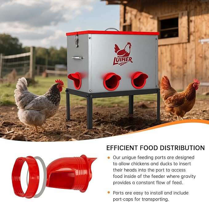 LUIHER Poultry Feeder-25LB no Waste chincken Feeder 6 Ports Large Capacity Galvanized Metal Poultry Feeder with Legs and Lids - Reduces Refilling Frequency Chicken Feeding Equipment for Hen Coop