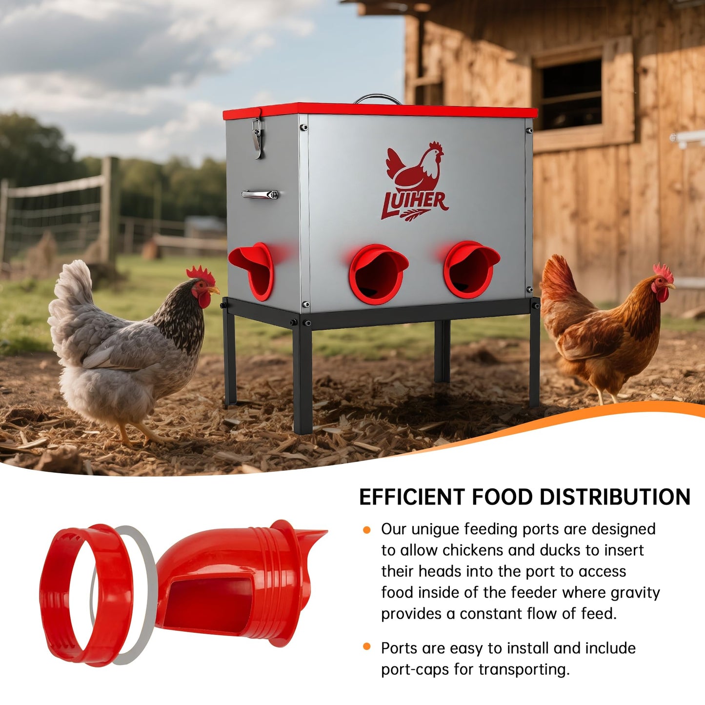 LUIHER Poultry Feeder-25LB no Waste chincken Feeder 6 Ports Large Capacity Galvanized Metal Poultry Feeder with Legs and Lids - Reduces Refilling Frequency Chicken Feeding Equipment for Hen Coop