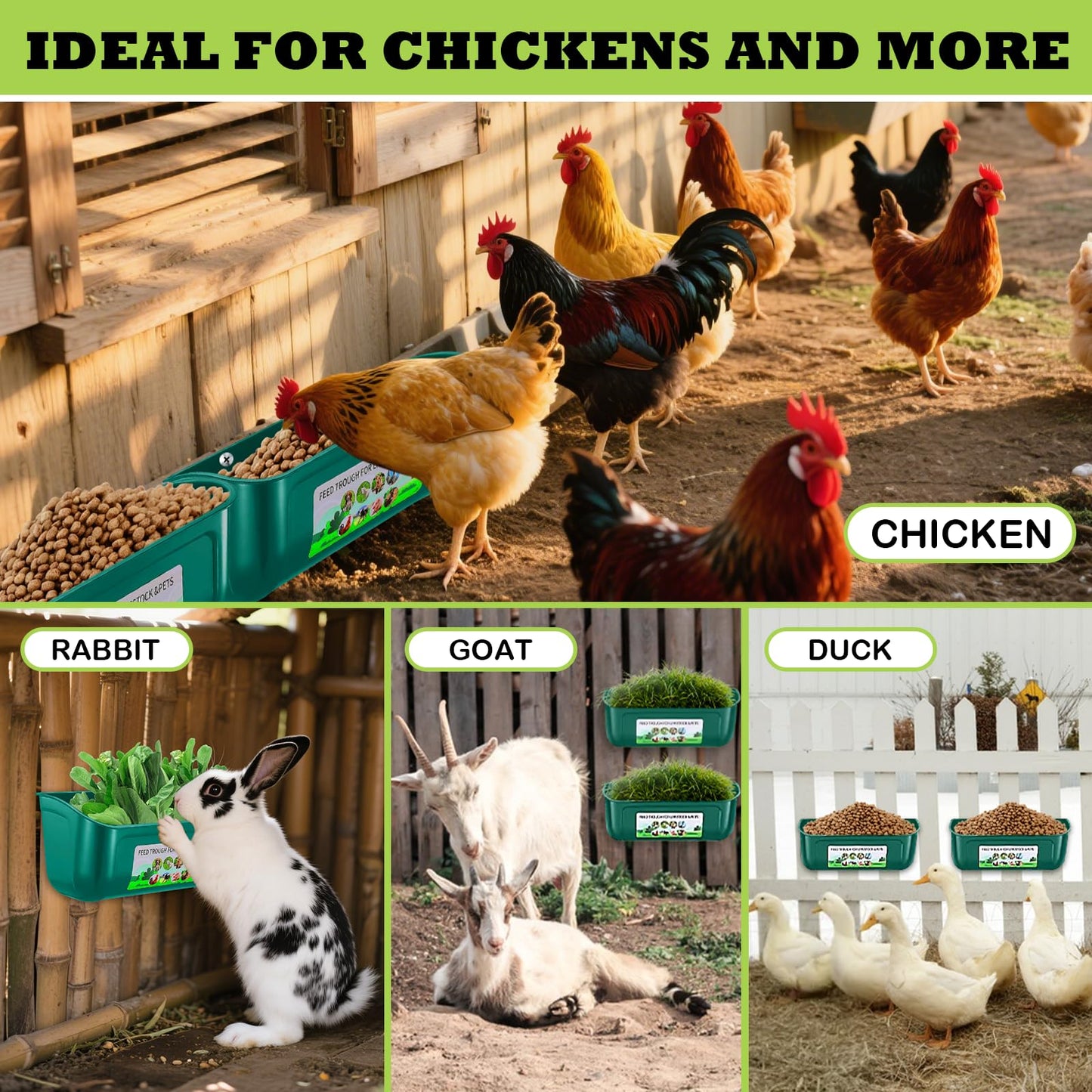 3 Pack Chicken Feeder, Duck Feeder Supplies, Hanging Fence Feed Trough with Clips for Goat, Sheeple, Piglet, Gooses, Turkeys, Dog Livestock Poultry, 8 Quarts in Total, Feed Scoop Included, Green