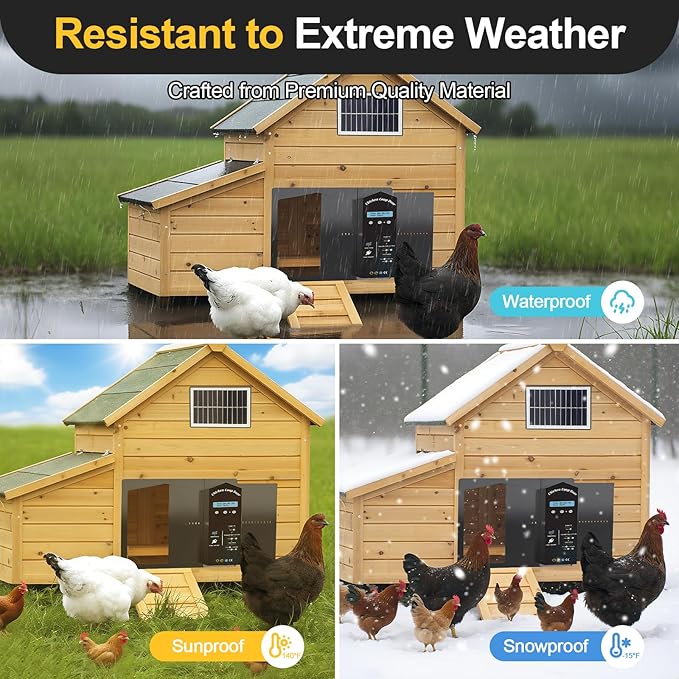 Automatic Chicken Coop Door Solar Powered with LCD Display, Large Aluminum Alloy Chicken Door with Safety Anti-Pinch, 3 Power Supply Modes, Remote Control, Adaptable to a variety of harsh environments