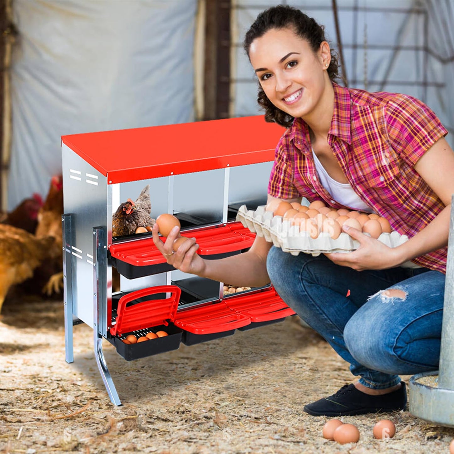 Chicken Nesting Box, 2-Tier Chicken Laying Boxes for Hens, 10 Compartments Chicken Laying Box, 10 Room Metal Nesting Boxes for Chicken, Roll Away Nest Box with Lid Cover to Protect Eggs, 10 Hole, Red