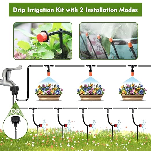 Drip Irrigation Kit, Drip Irrigation System for Garden with 1/4" Irrigation Tubing DIY Saving Water Automatic Watering System for Garden, Greenhouse, Flower Bed, Patio, Lawn