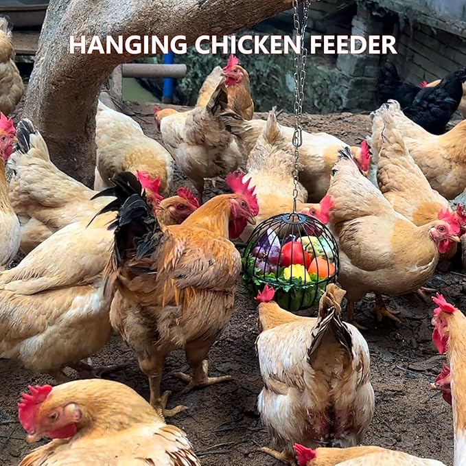 Hanging Chicken Feeder, 7.4 Inch Metal Large Chicken Ball Cage,Hen Food Rack, Chicken Feeding Supplies, Chick Coop Accessories.1 pcs Black