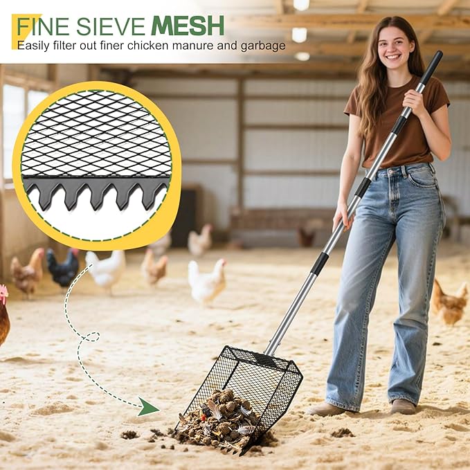 Updated Chicken Poop Scooper and Rake, 2-in-1 Chicken Coop Scoop Sand Rake, Stainless Steel Handle (43–73"), Litter Scooper & Sand Sifting Shovel, Good for Chicken Coops & Farm Animals Scoop