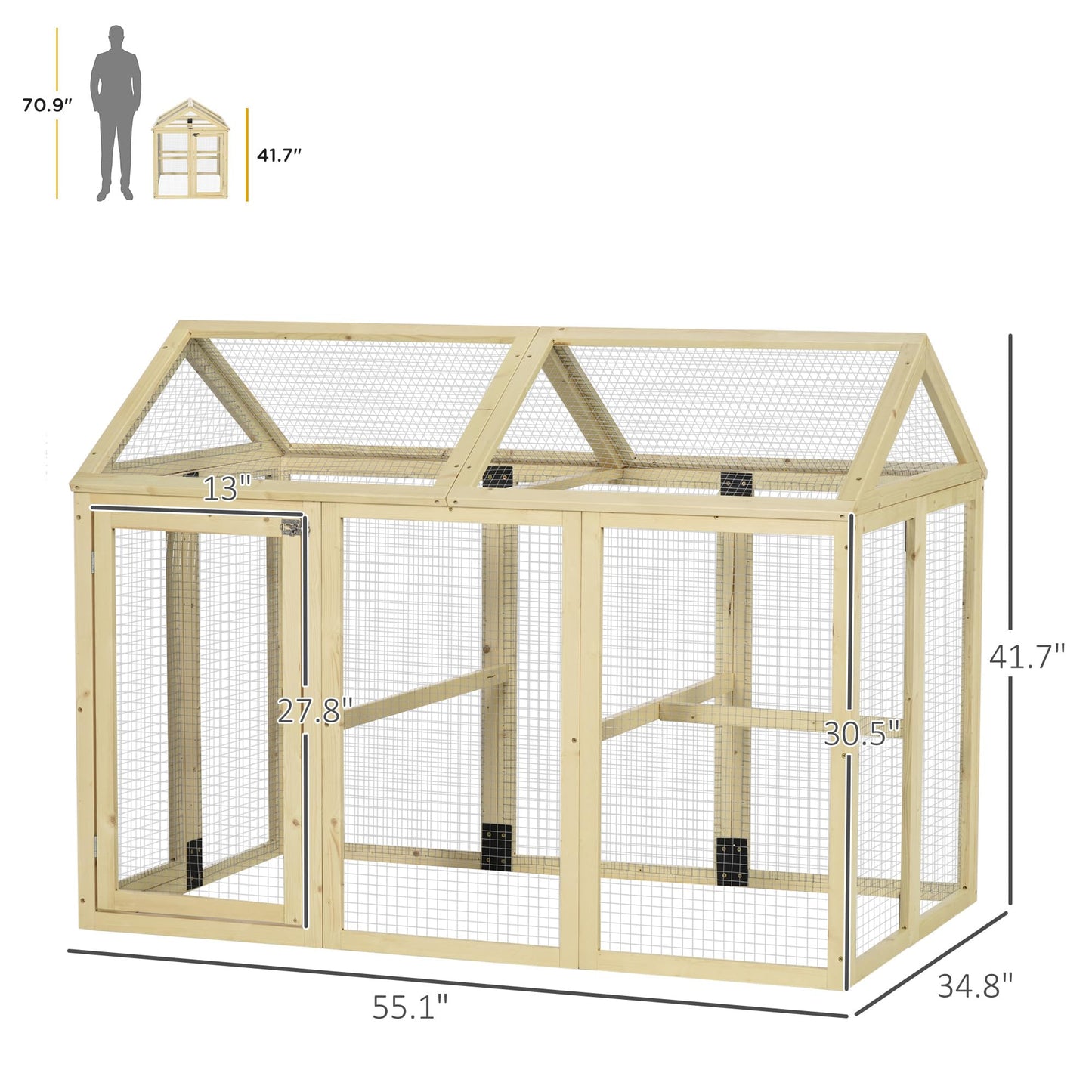 PawHut Chicken Run, Wooden Large Chicken Coop, Combinable Design with Perches & Doors for Outdoor, Backyard, Farm, 4.6' x 2.8', Nature Wood