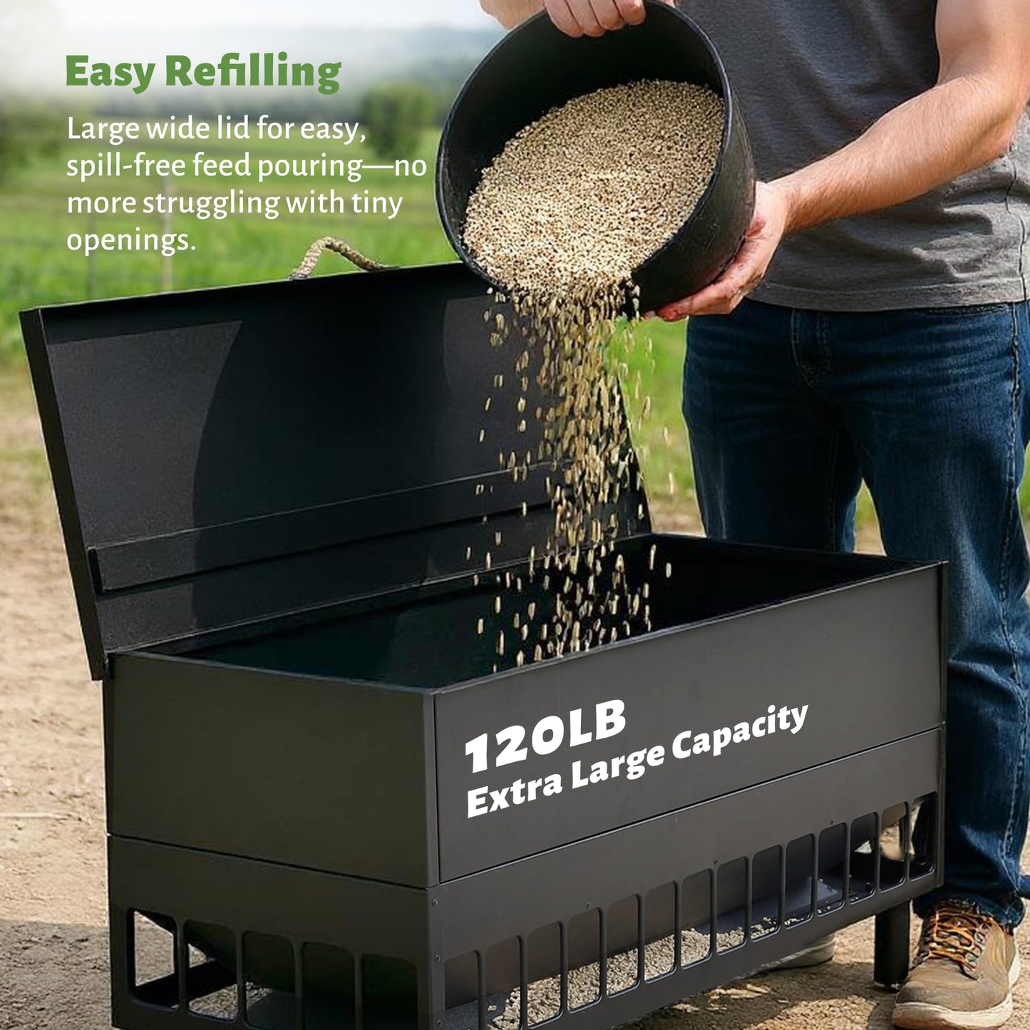 KOL 120 LB Large Chicken Feeder No-Waste, Spill Proof Portable Gravity Chicken Feeder Automatic, Dispenser, 38 Feeding Ports, No Waste Poultry Feeder for Hen Coop
