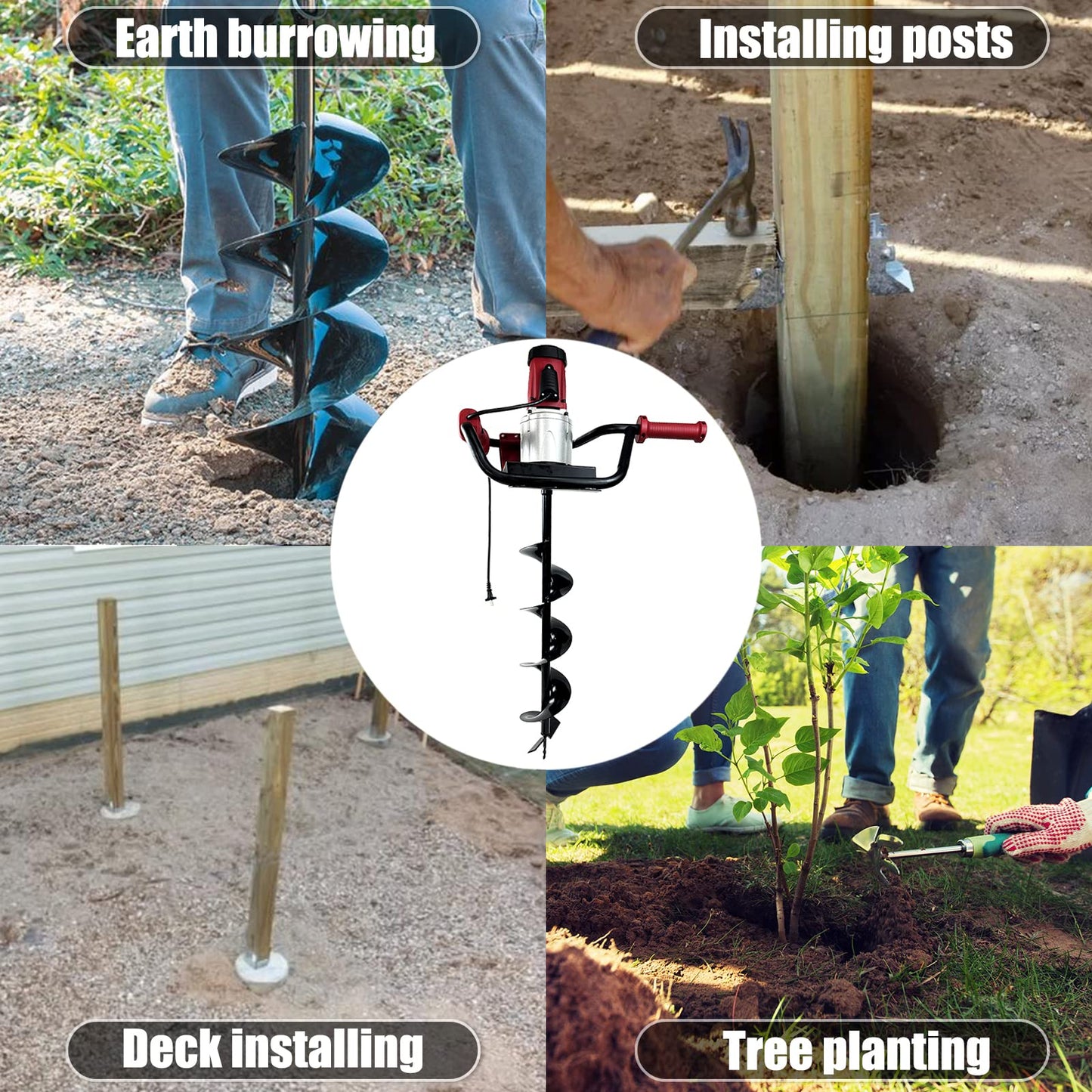 6-Inch & 4-inch Electric Post-Hole Digger with Storage Bag with 3pcs Auger Drill Bit Extension Set(8",12",20")