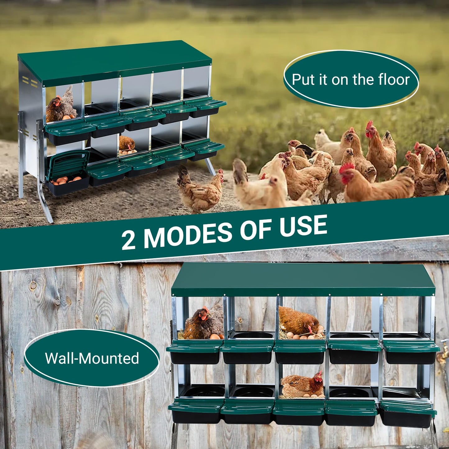 Chicken Nesting Box, 10 Compartments Nesting Boxes for Chickens, Chicken Laying Boxes with Metal Leg, Roll Away Nesting Box for Chickens Laying Egg with Lid Cover to Protect Eggs, Green