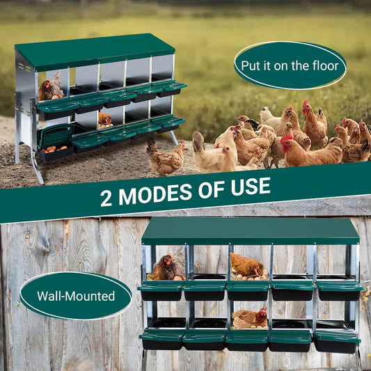 Chicken Nesting Box, 10 Compartments Nesting Boxes for Chickens, Chicken Laying Boxes with Metal Leg, Roll Away Nesting Box for Chickens Laying Egg with Lid Cover to Protect Eggs, Green