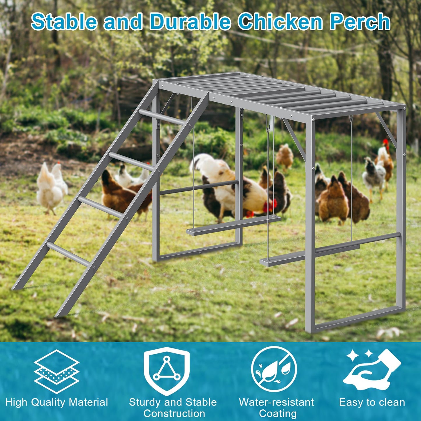Chicken Perch with Swing Set, Roosting Bars for Chickens in Coop for Pet Chickens' Health and Happiness, Metal Chicken Toys Accessories for Backyard Farms, Light Gray