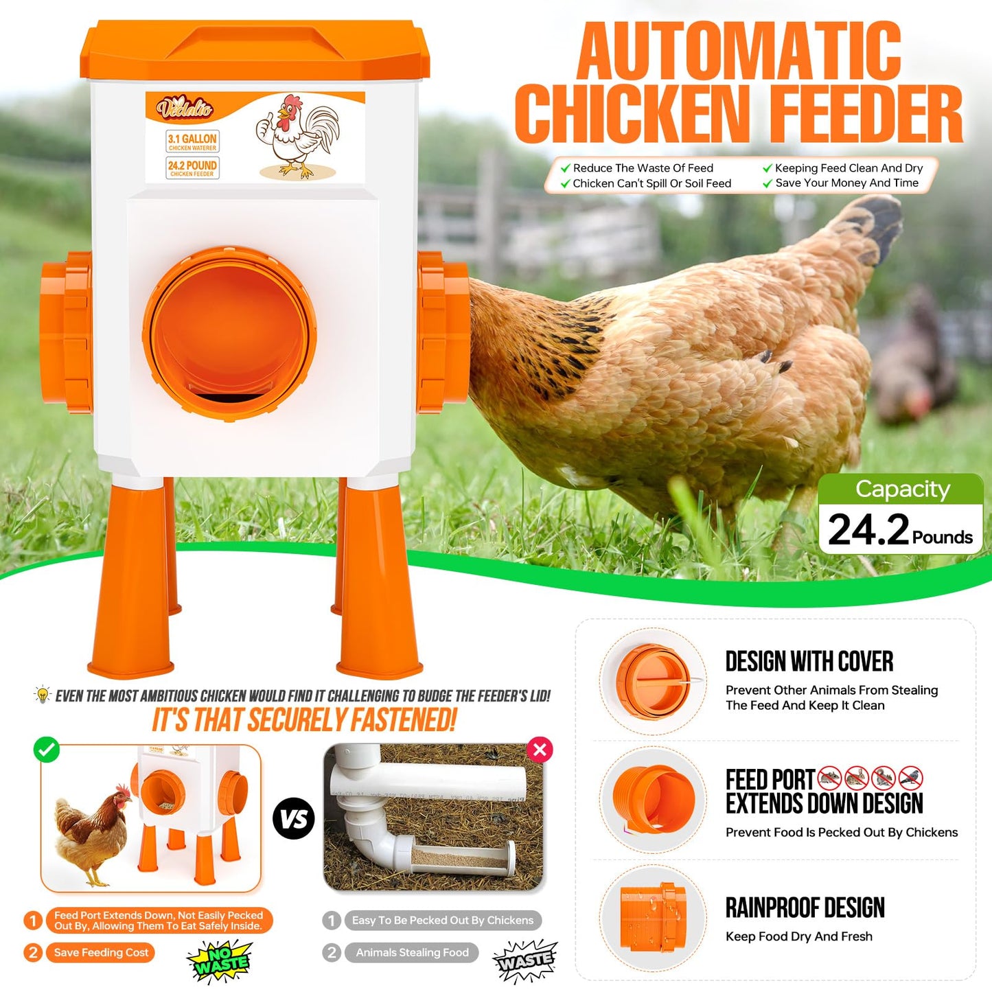 Chicken Feeder and Waterer Set, Chicken Coop Accessories, 3.1 Gallon/24.2 Pounds, Automatic Chick Feeder and Waterer Set No Waste