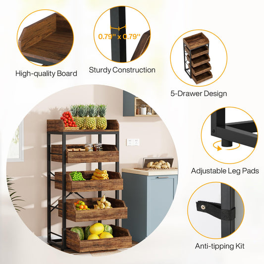 LITTLE TREE 5-Tier Wood Fruit Vegetable Storage Basket Stand, Pull-Out Snack Stand Fruit Basket Stand, Utility Shelf Organizer for Kitchen, Living Room, Bedroom, Rustic Brown