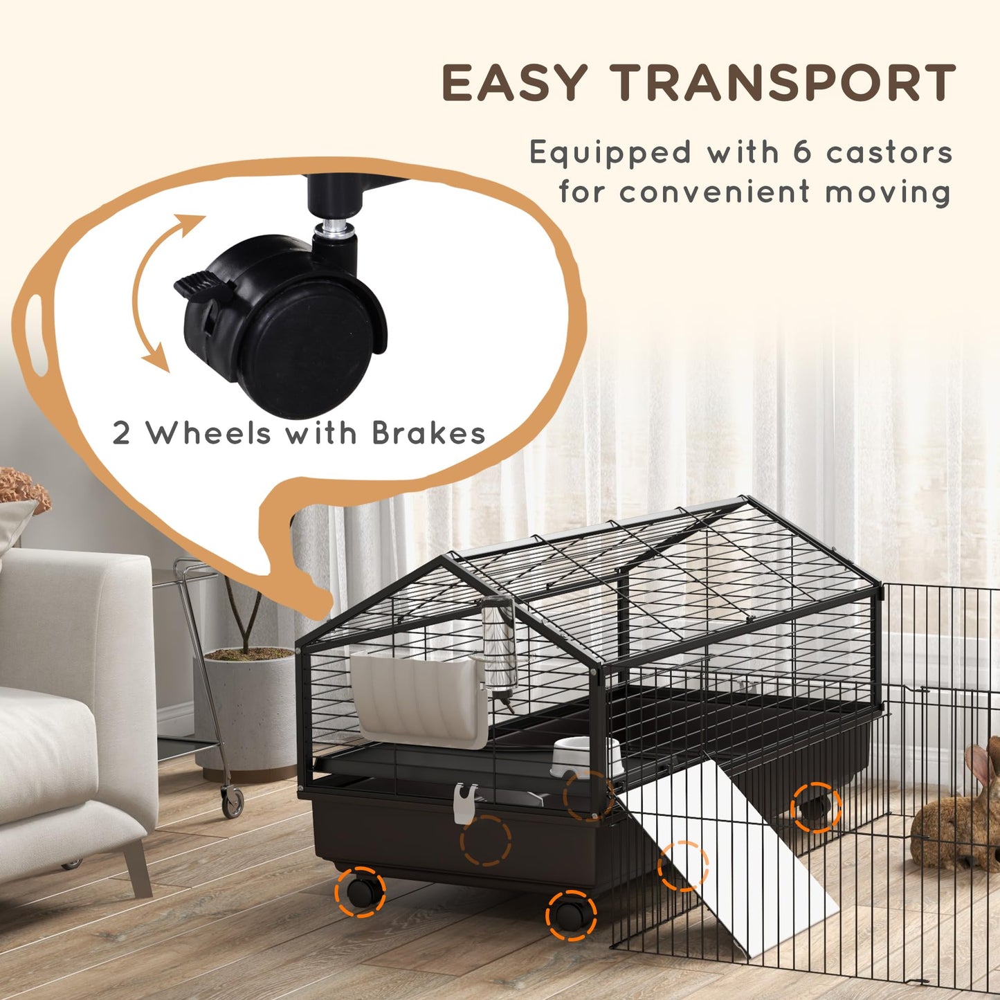 PawHut Small Animal Cage with Foldable Run Area, Rolling Bunny Cage, Guinea Pig Cage with Water Bottle, Water Bowl, and Ramps, 46.5"