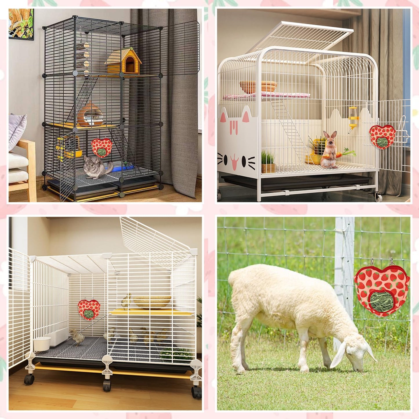 Estivaux Rabbit Hay Feeder Bag Strawberry Guinea Pig Hanging Hay Feeding Bag with Hole Pet Storage Dispenser for Chinchilla Hamster Bunny Small Pet Animals
